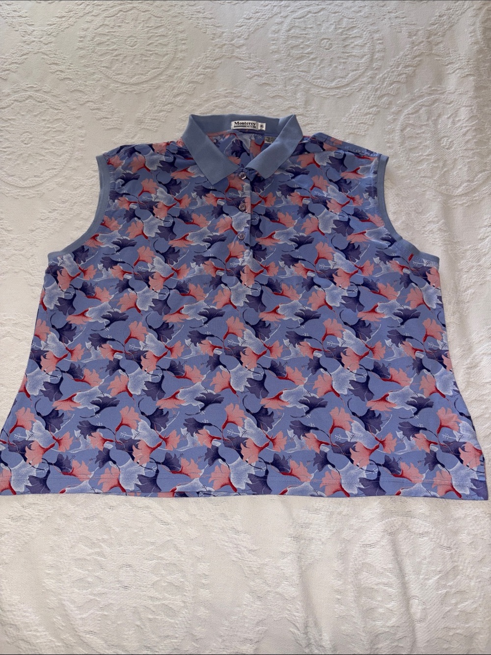 Monterey Club Women’s Sleeveless Collared Top - Blue Floral EUC XL 100% Cotton